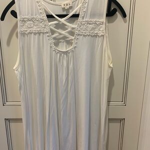 POL White Sleeveless Dress with Lace Yoke and Crisscross Front